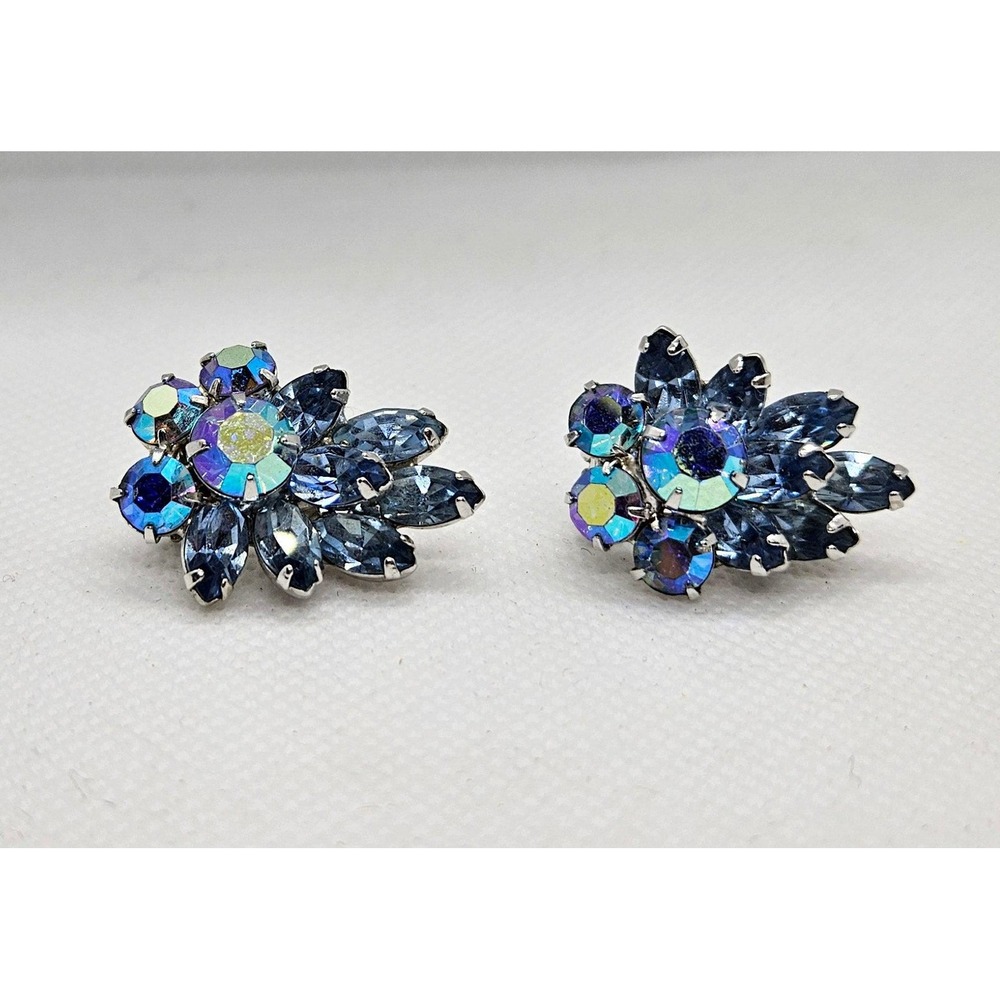 Hattie Carnegie Signed Blue Rhinestone AB Clip On Earrings 1950's